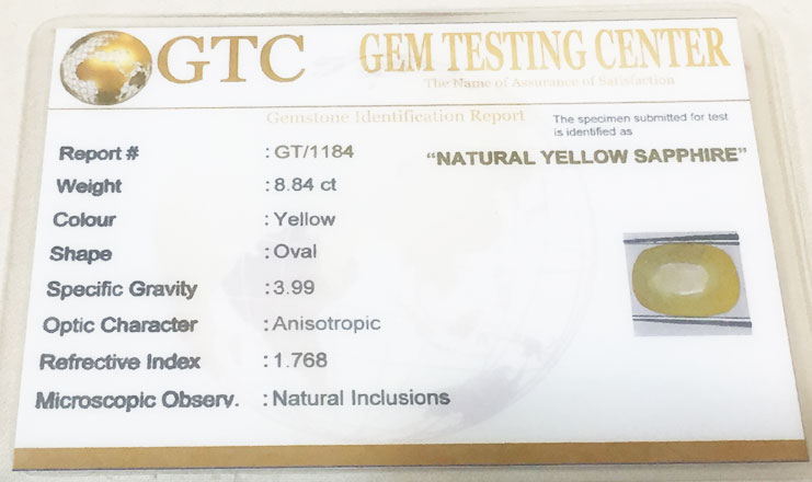 8.84 ct/9.85 ratti Natural Certified Ceylon Pukhraj/Yellow Sapphire